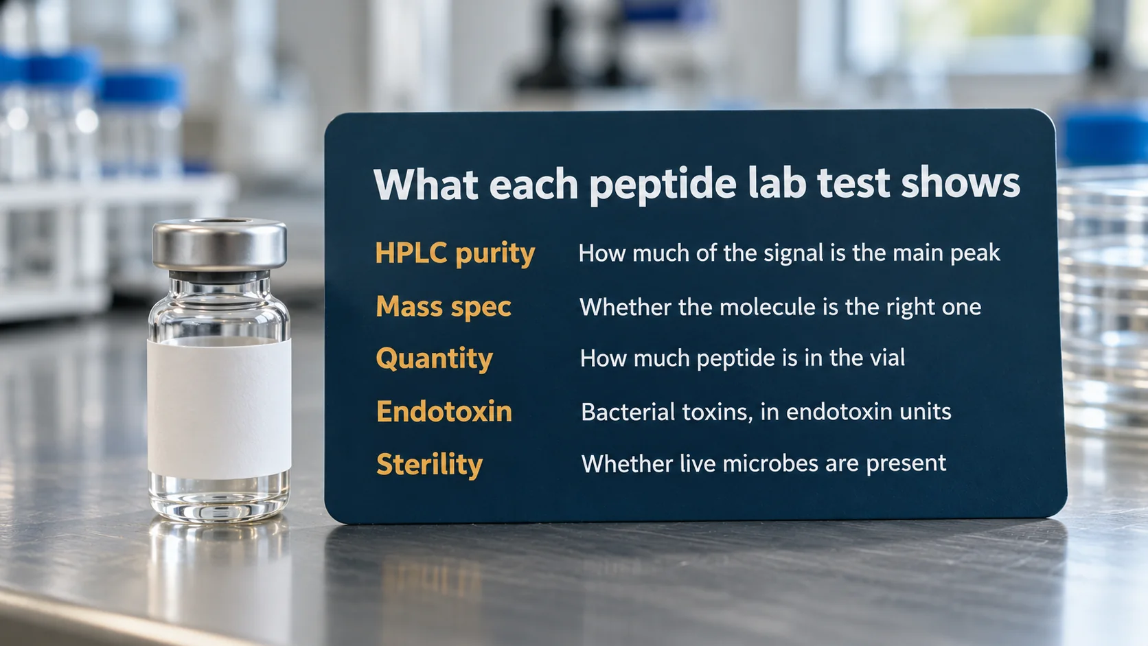 What each peptide lab test shows: HPLC purity, mass spec identity, quantity, endotoxin and sterility