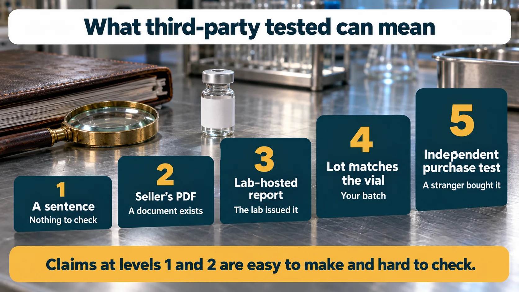 Five levels of third-party tested peptides: a sentence, a seller's PDF, a lab-hosted report, a lot that matches the vial and an independent purchase test