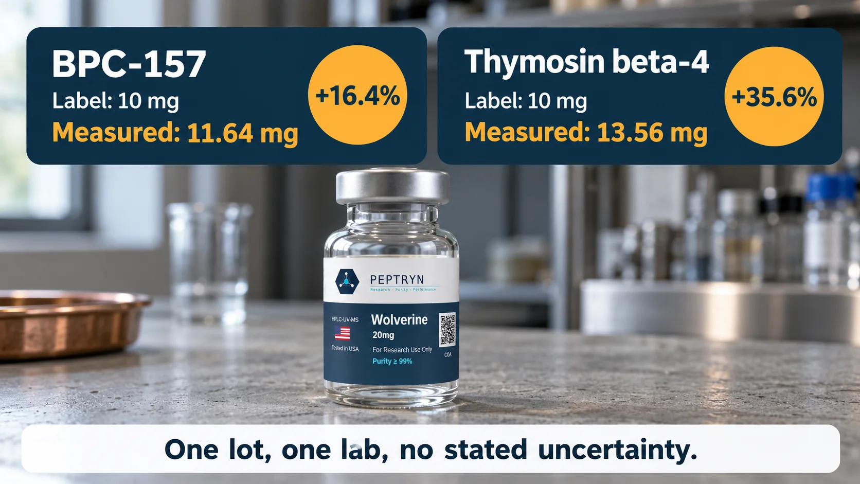 Wolverine 20 mg vial below two cards: BPC-157 labeled 10 mg and measured 11.64 mg (+16.4%), thymosin beta-4 labeled 10 mg and measured 13.56 mg (+35.6%), one lot from one lab