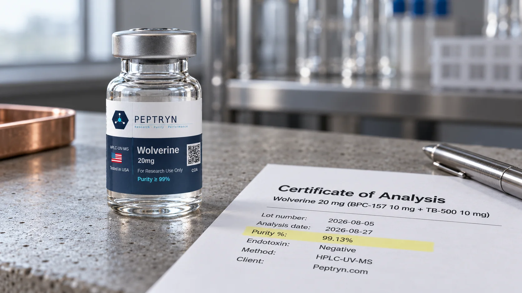 Printed certificate of analysis for Wolverine 20 mg (BPC-157 10 mg plus TB-500 10 mg) showing lot 2026-08-05, analysis date 2026-08-27, purity 99.13% and endotoxin negative, beside a Wolverine vial and a pen