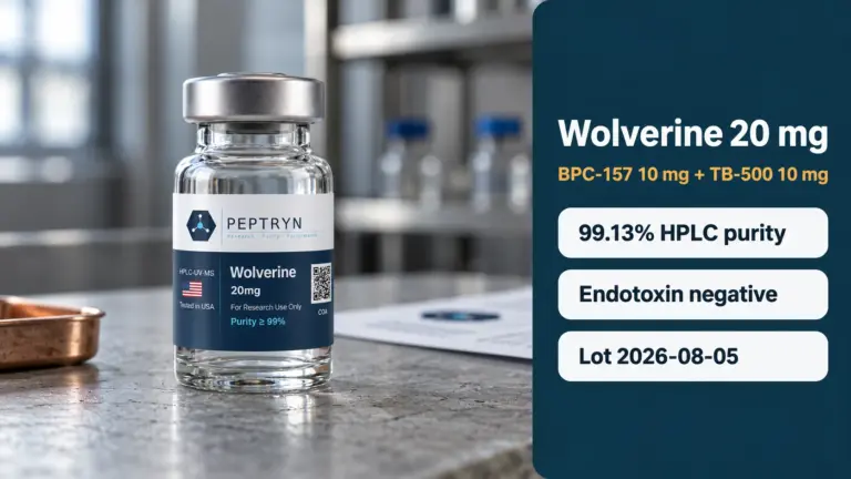 Wolverine 20 mg research vial on a concrete lab bench in cool window light, beside a panel showing BPC-157 10 mg plus TB-500 10 mg, 99.13% HPLC purity, endotoxin negative and lot 2026-08-05