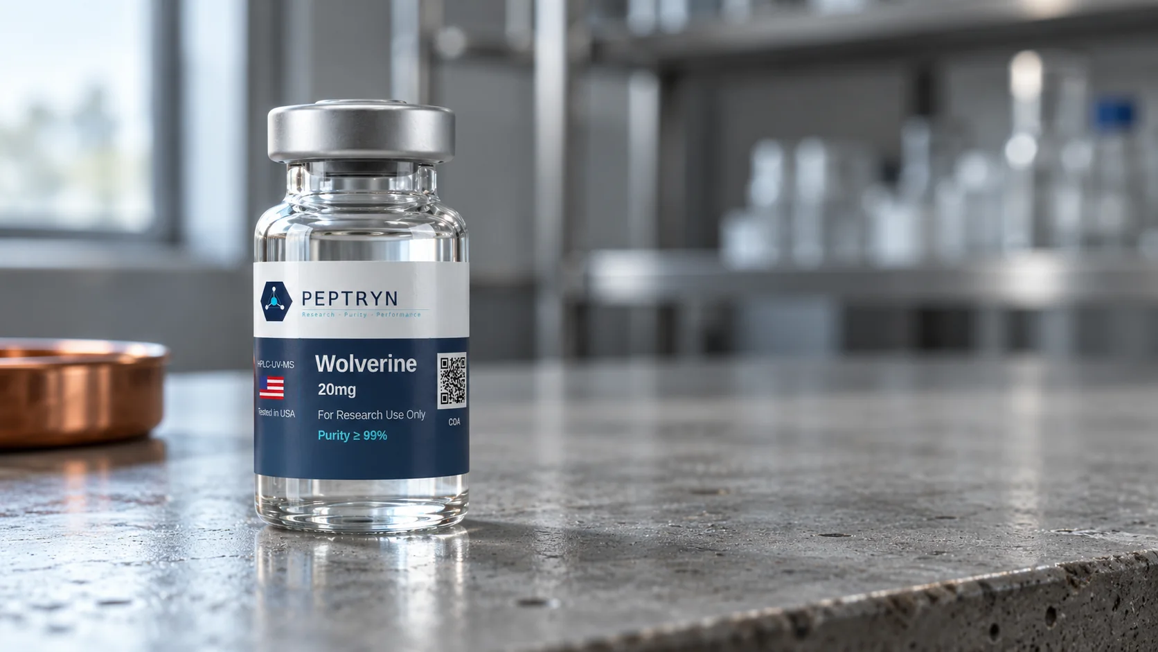 Peptryn Wolverine 20 mg research vial with white and navy label on a concrete lab bench with steel shelving behind
